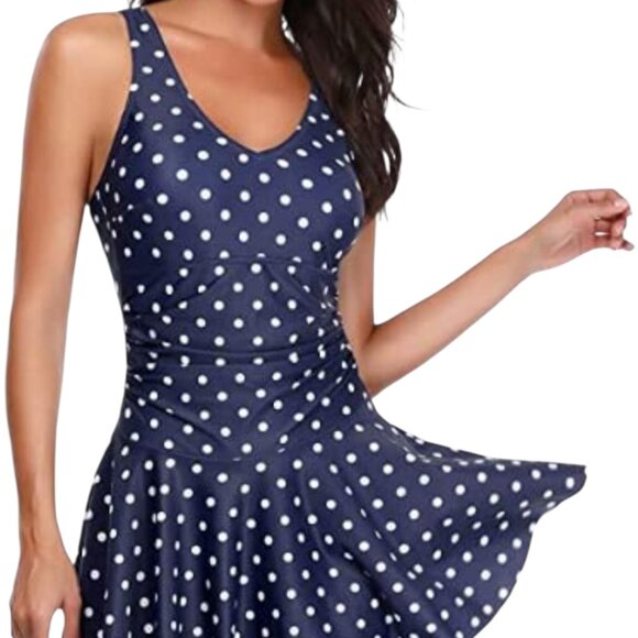 Yonique Women's Modest Navy Blue Polka Dot Ruched Waist Swim Dress Size S NWT - Picture 1 of 14